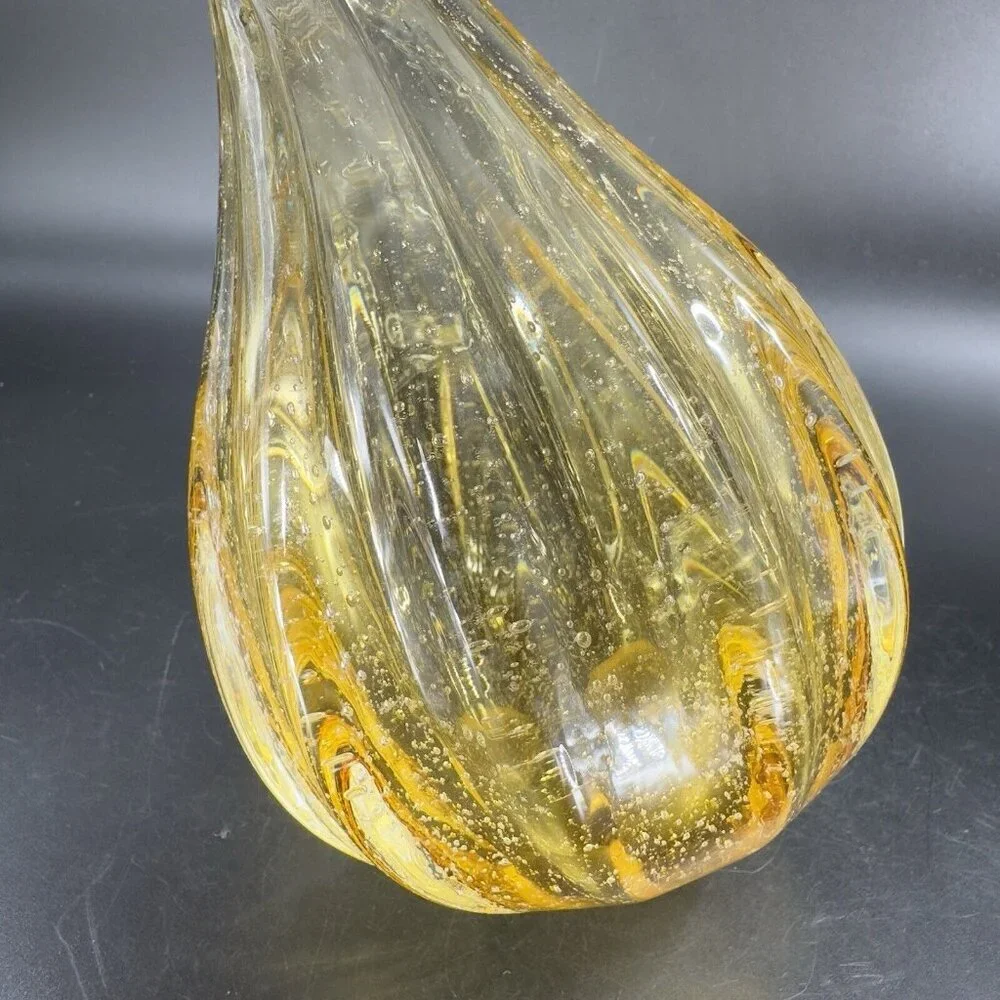 Art Glass Vase Yellow With Twisted Top Small Air Bubbles All Over Glass Vase VTG